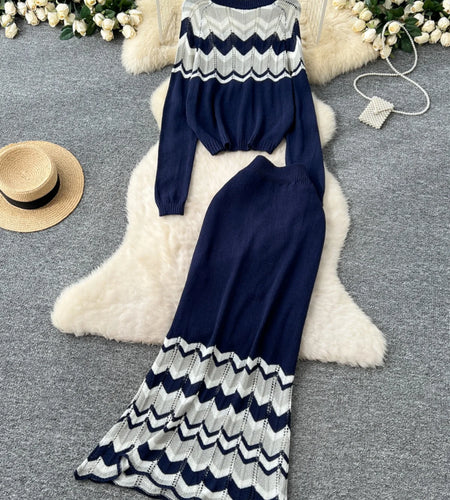Autumn Winter Two Pieces Set Women Wavy Striped Round Neck Elegant Pullover Short Knit Tops And High Waist Long Skirt Suit Trend