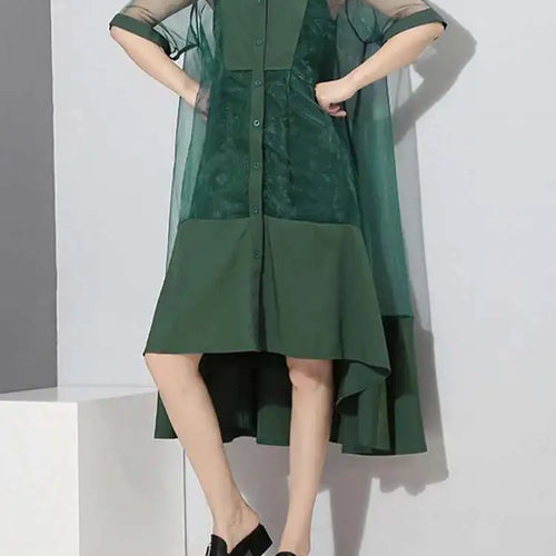 Load image into Gallery viewer, Women Green Organza Irregular Shirt Dress New Stand Collar Half Sleeve Loose Fit Fashion Tide Spring Summer 2025 JT581
