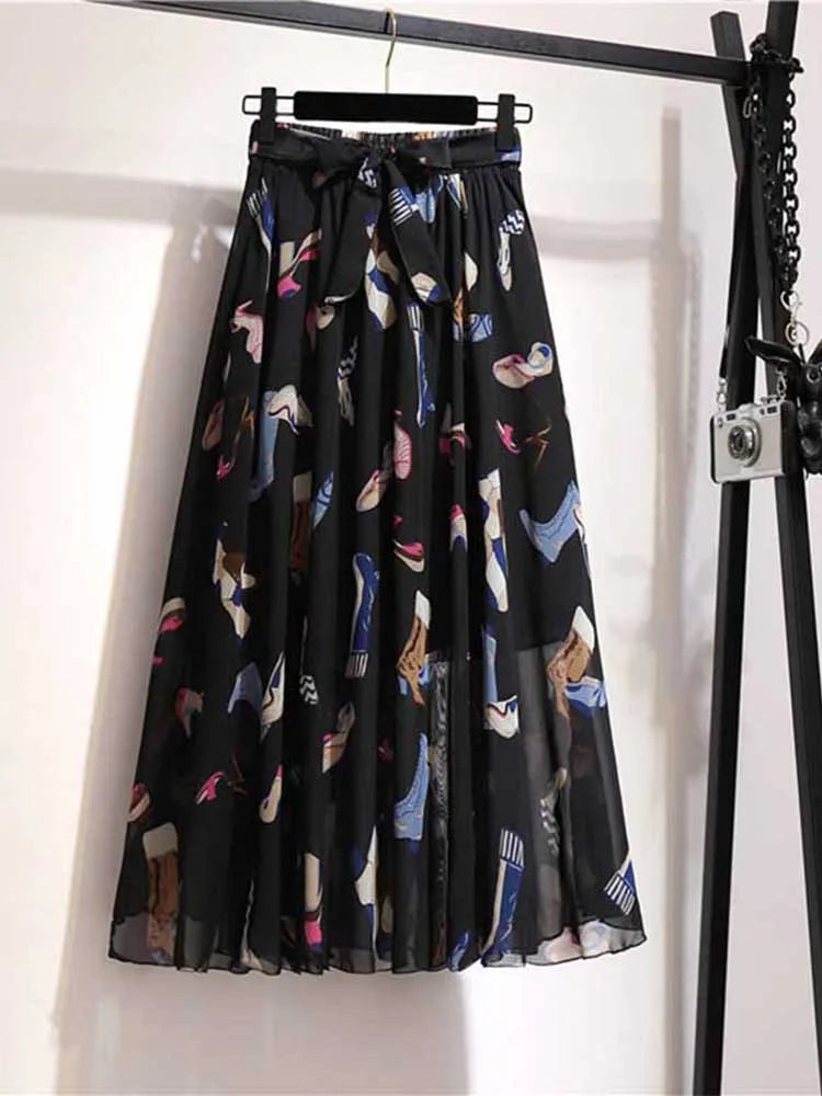 Long Skirt Women For 2024 Spring Summer Lady Korean Style White Black Chiffon Sun School High Waist Midi Skirt Female
