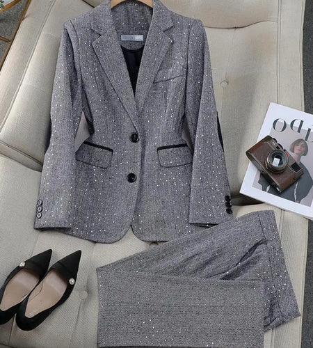 Autumn Winter Temperament Suit 2024 Gray Brown Long Sleeve Sequin Blazer Coat + Pant Two Piece Set Fashion Work Business Clothes