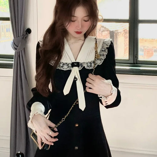 Load image into Gallery viewer, Kawaii Black Long Sleeve Dress Lace Preppy Style School Student Short Dresses Autumn Winter Vintage Button Outfits
