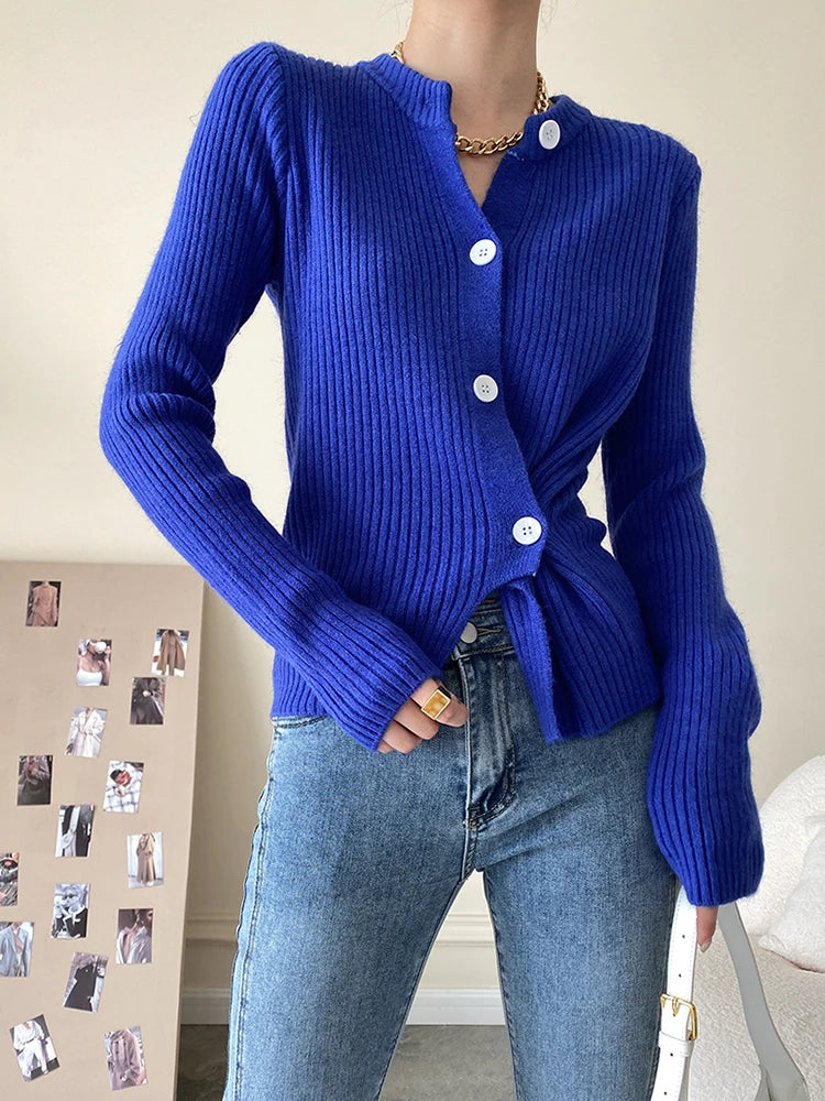Casual Single Breasted Shirt For Women Round Neck Long Sleeve Solid Minimalist Knitting Blouses Female Clothing