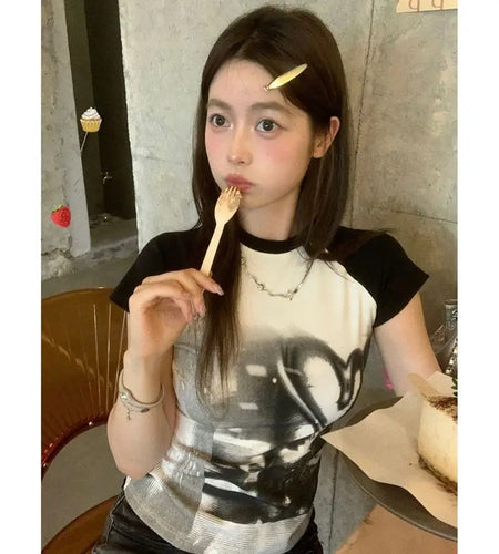 Ropa Mujer Streetwear Woman Tshirts Contrast Color Slim Fit Summer Tees Crop Tops Fashion Casual Korean Y2k T Shirts 27w500