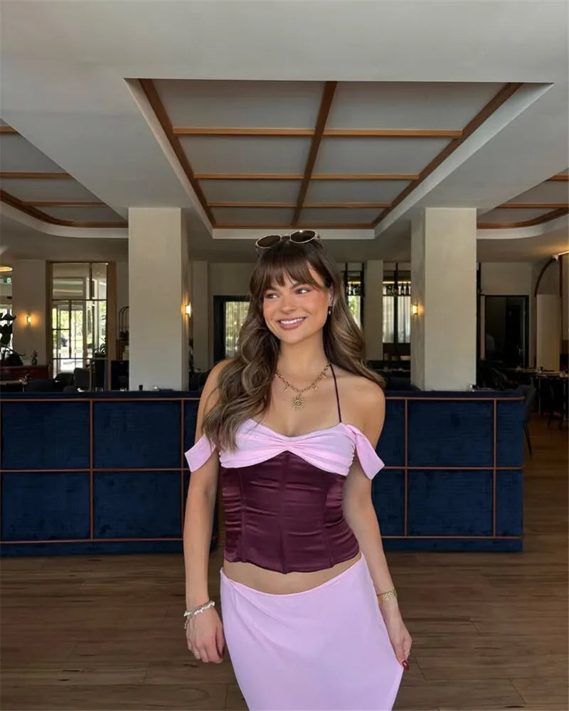 Sexy Skirt Two Piece Sets Women Halter Lace-up Cropped Tops And Maxi Skirt Ladies Fashion Sleeveless 2 Piece Sets