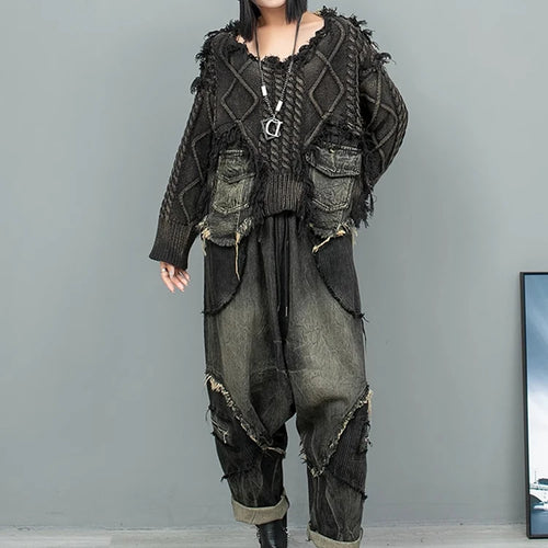 Load image into Gallery viewer, Black Denim Burr Big Size Knitting Sweater Round Neck Long Sleeve Women Pullovers New Fashion Spring Autumn 2025 1DH9546
