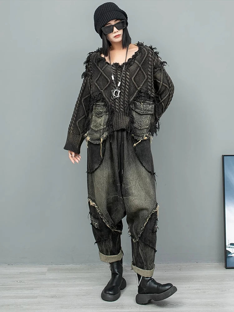 Black Denim Burr Big Size Knitting Sweater Round Neck Long Sleeve Women Pullovers New Fashion Spring Autumn 2025 1DH9546