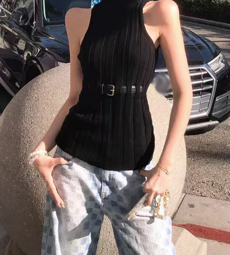 Solid Slimming Spliced Striped Minimalist Vests for Women Stand Neck Sleeveless Patchwork Belt Fashion Vest Female