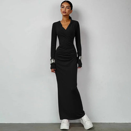 Load image into Gallery viewer, Elegant V Neck Hooded Maxi Dress For Women Autumn Winter New Long Sleeve Bodycon Ruched Fashion Long Dress New
