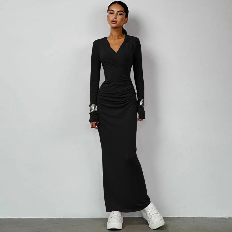 Elegant V Neck Hooded Maxi Dress For Women Autumn Winter New Long Sleeve Bodycon Ruched Fashion Long Dress New