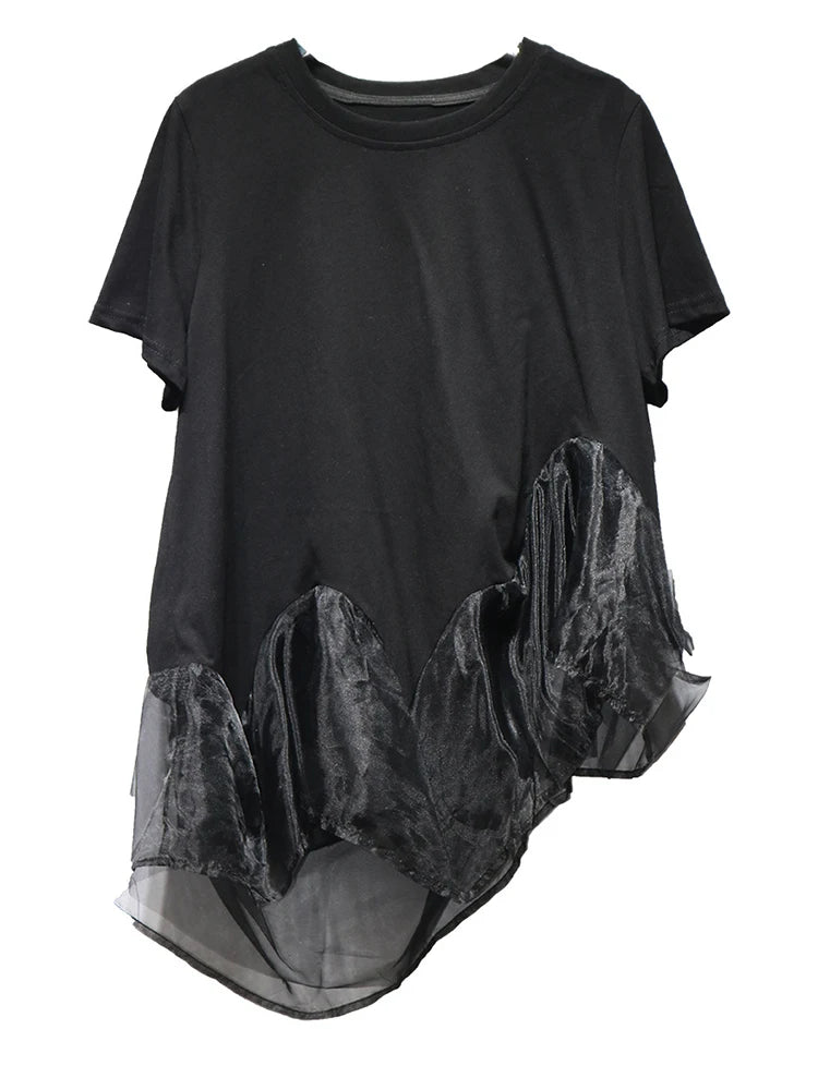 Women White Organza Irregular Hem Casual T-shirt New Round Neck Short Sleeve Fashion Tide Spring Summer 2025 1DJ1395