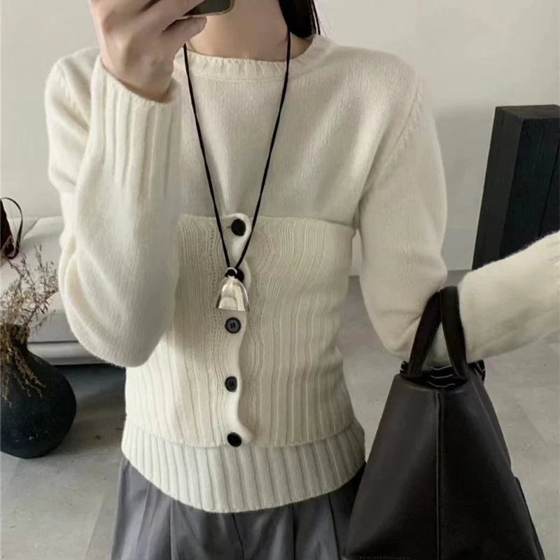 Autumn Winter Grey Long Sleeves Sweater Korean Fashion Women's Beige Holiday Knitted Scarf Tops Casual Versatile Simplicity Chic