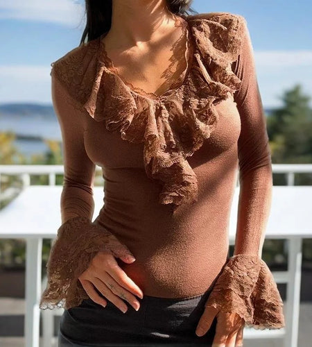 y2k Fairy Grunge Top Women Sexy Solid Color Lace Trim V Neck Long Sleeve T Shirt 2000s Aesthetic Clothing Streetwear