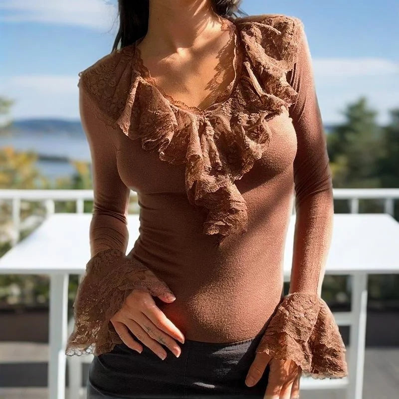 y2k Fairy Grunge Top Women Sexy Solid Color Lace Trim V Neck Long Sleeve T Shirt 2000s Aesthetic Clothing Streetwear