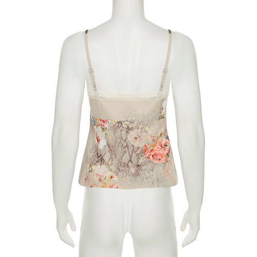 Load image into Gallery viewer, Vintage Floral Snakeskin Printed V-Neck Camis Women Summer Lace Patchwork Mini Tops Holiday Fashion Spaghetti Strap
