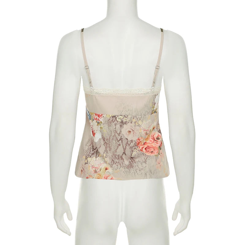 Vintage Floral Snakeskin Printed V-Neck Camis Women Summer Lace Patchwork Mini Tops Holiday Fashion Spaghetti Strap
