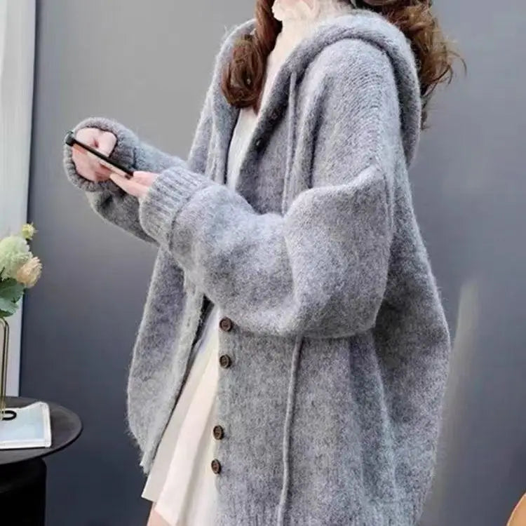 Korean Fashion Solid Elegant Single Breasted Short Hooded Sweater Women Autumn Winter Long Sleeve Vacation Cardigan Knitted Tops