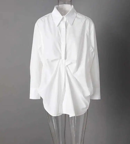 Women White Pleated Design Big Size Elegant Blouse New Lapel Long Sleeve Shirt Fashion Tide Spring Autumn 2025 CPG2611