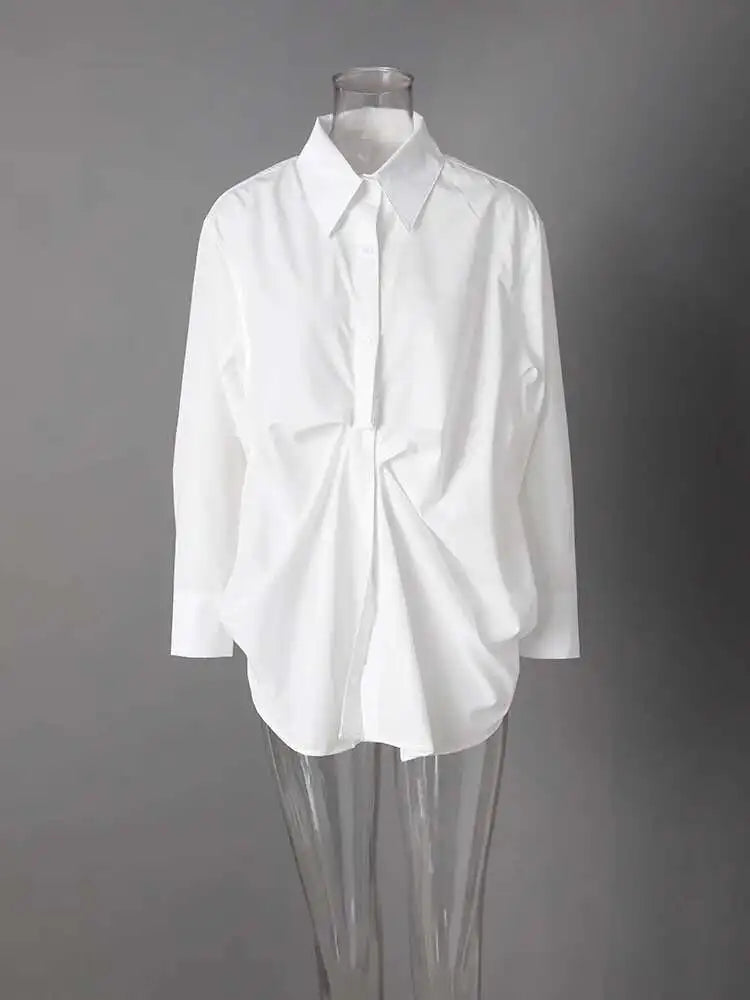 Women White Pleated Design Big Size Elegant Blouse New Lapel Long Sleeve Shirt Fashion Tide Spring Autumn 2025 CPG2611
