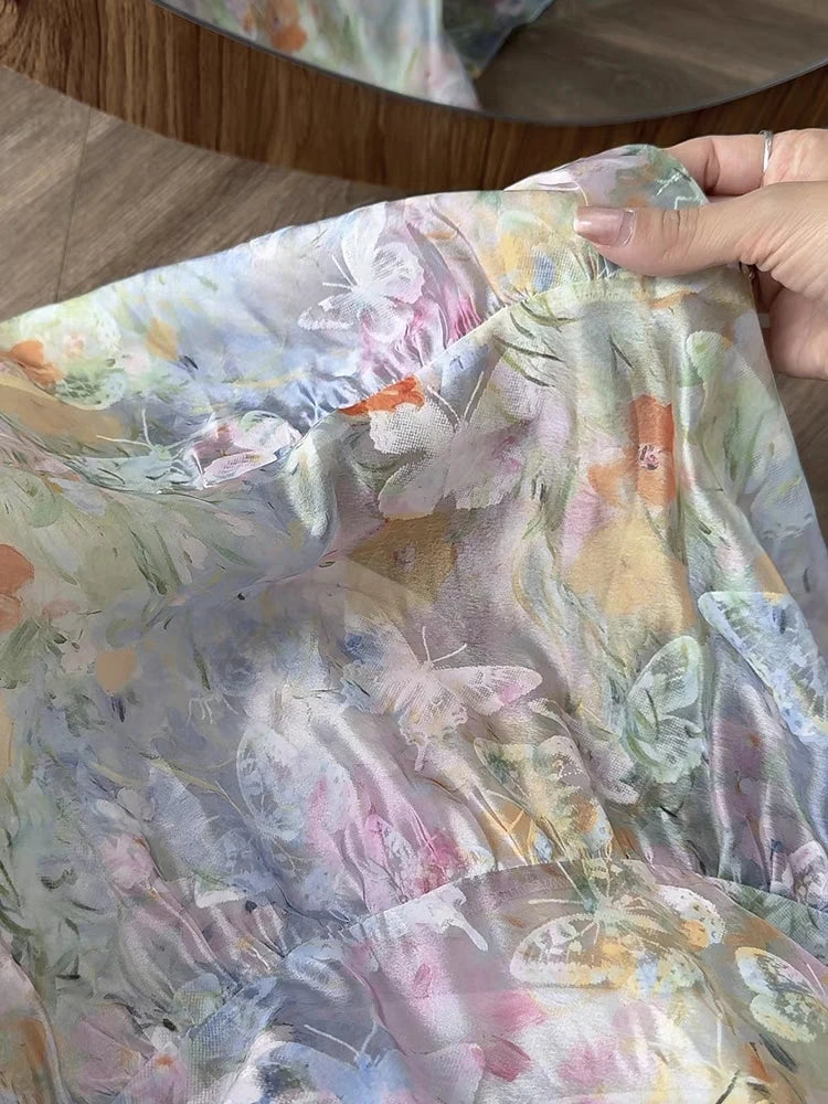 French Vintage Fashion Women's Flower Elegant Pleated Long Skirt Spring Summer High Waist Party A-line Skirts Popular Bohemian