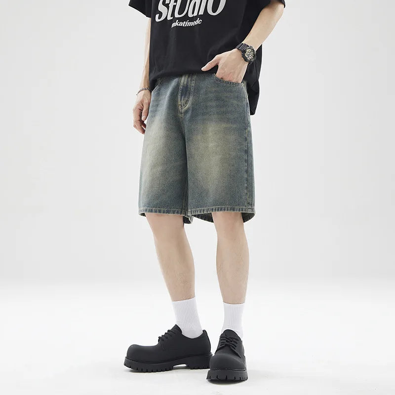 Men's Denim Shorts Solid Color Summer American Fanshion Style Cleanfit Five Quarter Jeans Male Loose Clothing 2025 9W1354