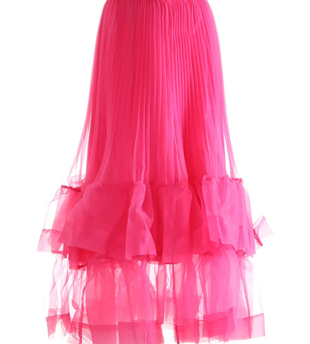 High Elastic Waist Rose Red Duoble Layers Organza Pleated Half-body Skirt Women Fashion New Spring Autumn 2025 1DJ0987