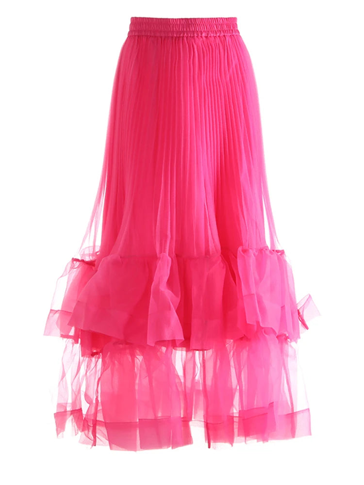 High Elastic Waist Rose Red Duoble Layers Organza Pleated Half-body Skirt Women Fashion New Spring Autumn 2025 1DJ0987