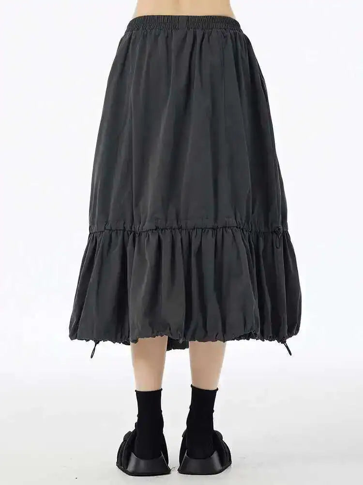 High Elastic Waist Black Drawstring Pleated A-line Half-body Skirt Women Fashion Tide New Spring Autumn 2025 1DH6607