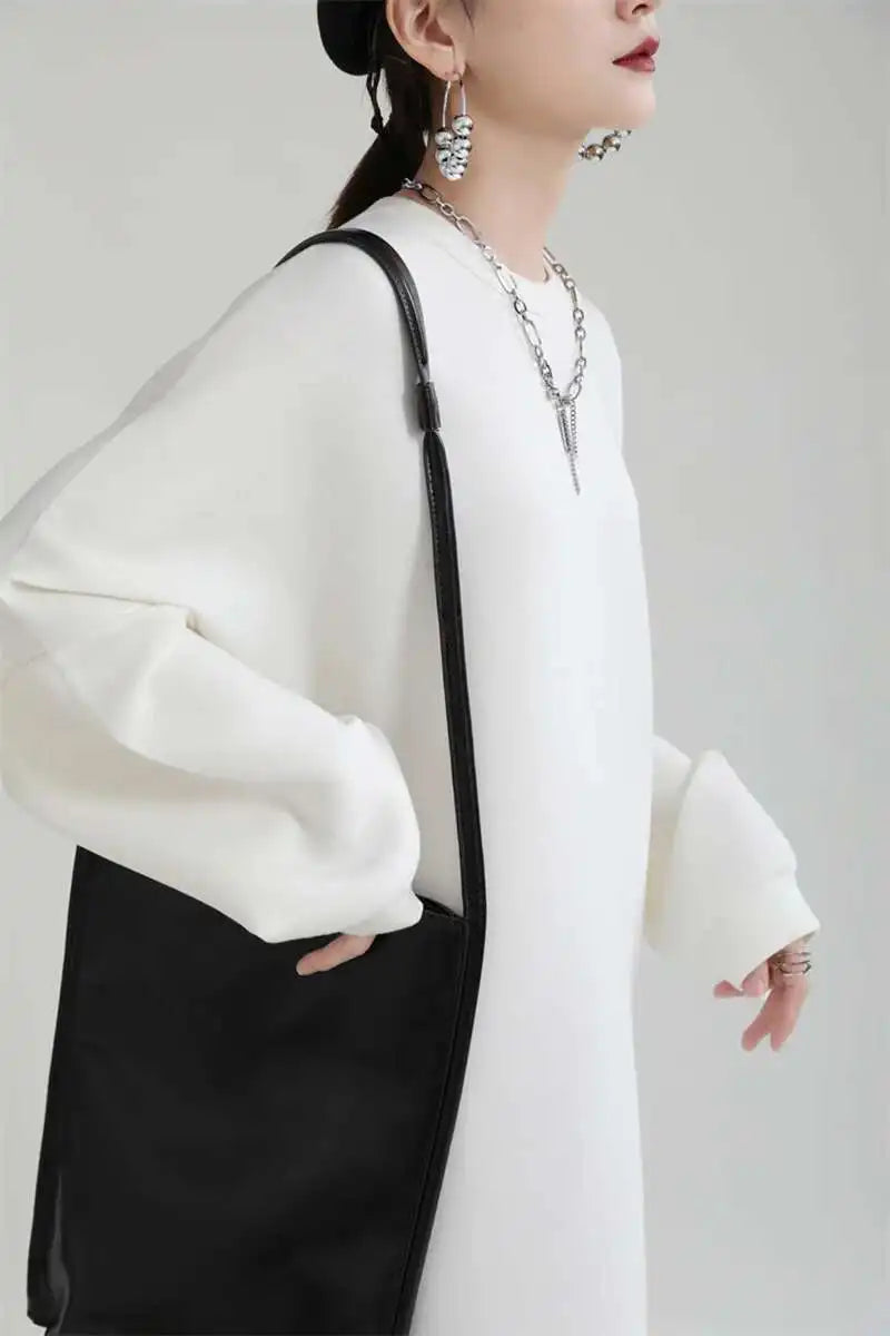 Women White Big Size Shaped Long Dress New Round Neck Long Sleeve Loose Fit Fashion Tide Spring Autumn 2025 1DE4098