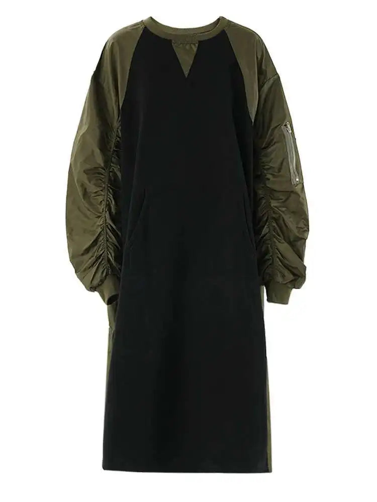 Women Army Green Color-block Big Size Midi Dress New Round Neck Long Sleeve Fashion Tide Spring Autumn 2025 CPG2092