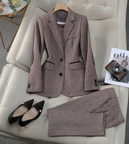 Autumn Winter Temperament Suit 2024 Gray Brown Long Sleeve Sequin Blazer Coat + Pant Two Piece Set Fashion Work Business Clothes