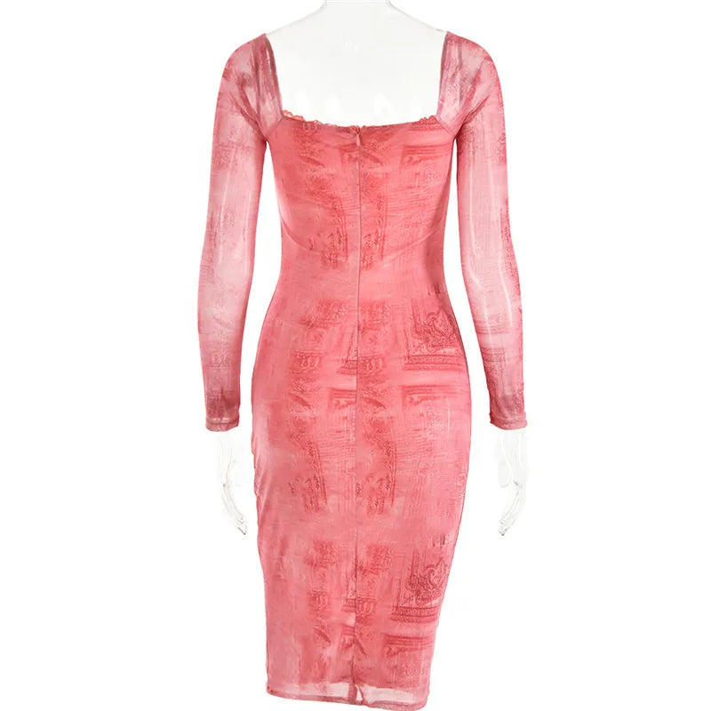 Square Collar Long Sleeve Print Sexy Midi Dress Women Autumn Winter New Bodycon Long Dresses Elegant Club Party Dress