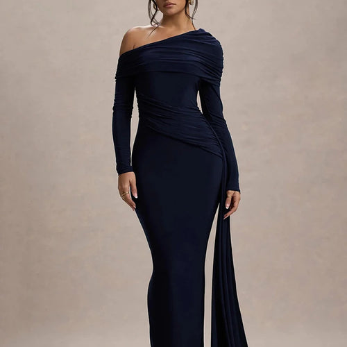 Load image into Gallery viewer, Skew Collar Long Sleeve Sexy Maxi Dress For Women Gown Fashion Backless Draped Ruched Bodycon Club Long Dress Elegant
