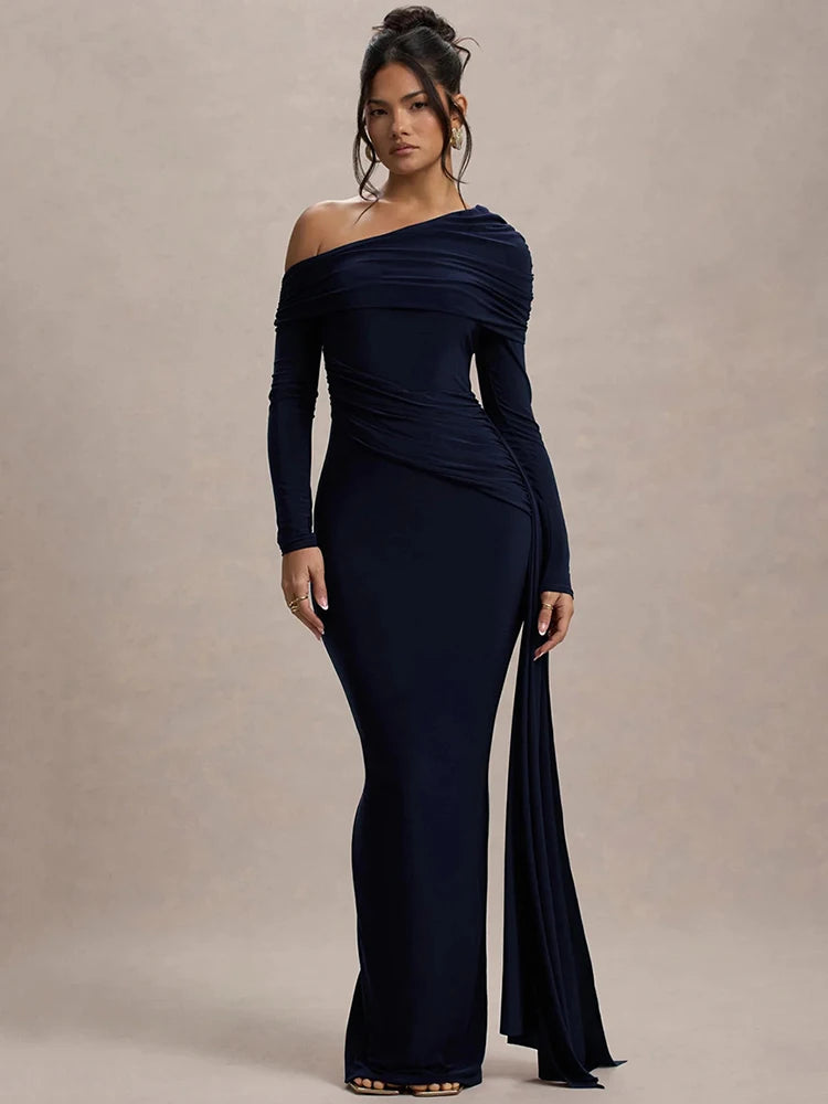 Skew Collar Long Sleeve Sexy Maxi Dress For Women Gown Fashion Backless Draped Ruched Bodycon Club Long Dress Elegant