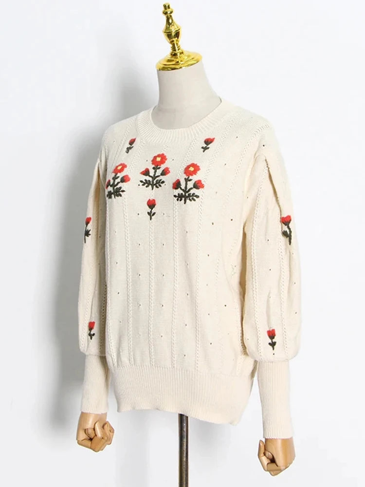 Colorblock Embroidery Knit Sweater For Women Round Neck Lantrn Long Sleeve Hollow Out Loose Casual Sweaters Female