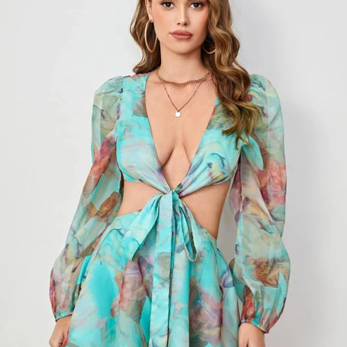 Load image into Gallery viewer, Sexy Deep V-print Long Sleeved Lace Up Women Playsuit Autumn Casual Lantern Sleeve Chiffon Elegant Holiday Party Beach
