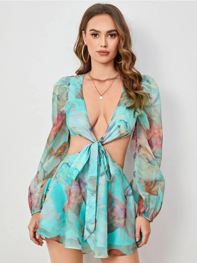 Sexy Deep V-print Long Sleeved Lace Up Women Playsuit Autumn Casual Lantern Sleeve Chiffon Elegant Holiday Party Beach