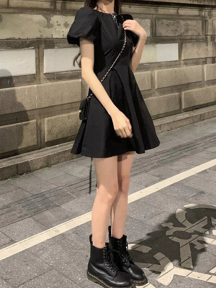 Summer Backless Black Mini Dress Women Gothic Harajuku Wrap Puff Sleeve Dresses Short Sleeve Korean Fashion Kpop