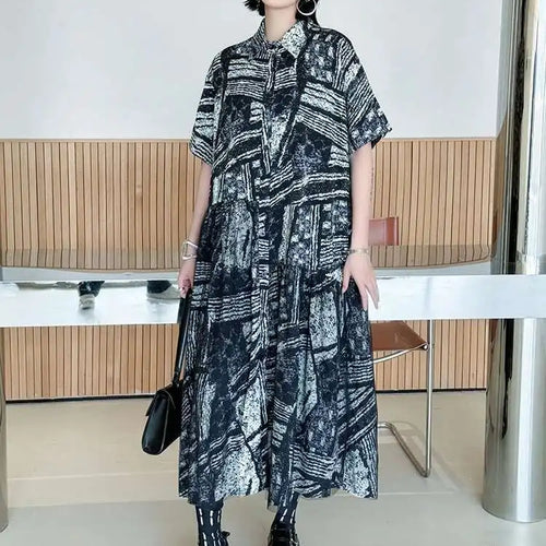 Load image into Gallery viewer, Women Black Pattern Printed Big Size Mesh Midi Shirt Dress New Lapel Short Sleeve Fashion Tide Spring Summer 2025 1DJ0636
