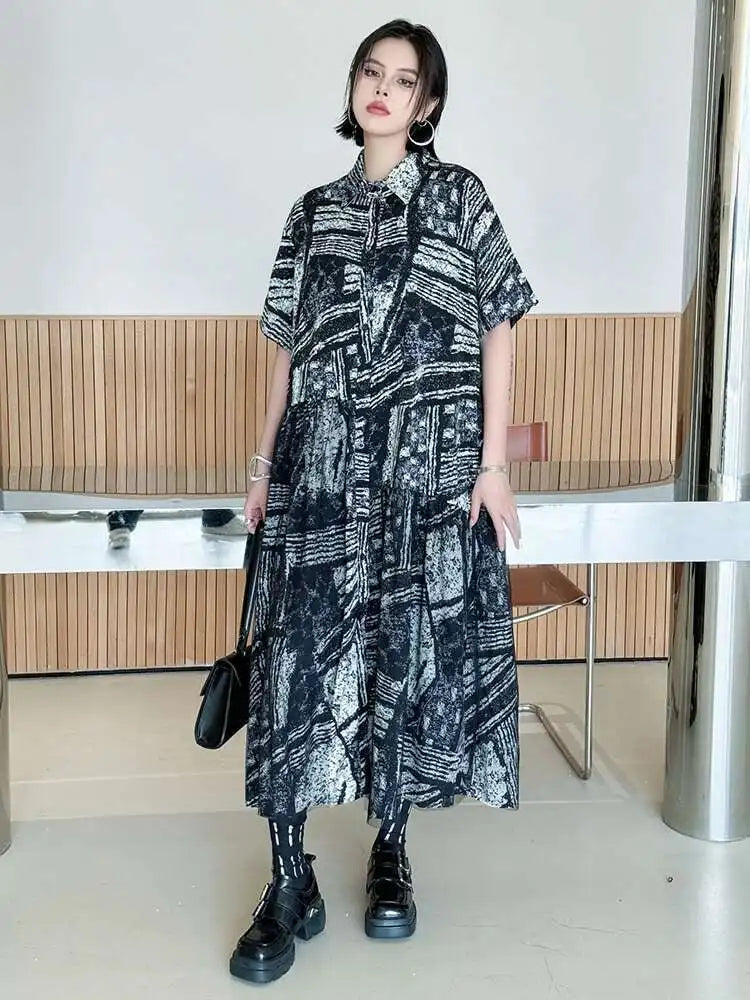 Women Black Pattern Printed Big Size Mesh Midi Shirt Dress New Lapel Short Sleeve Fashion Tide Spring Summer 2025 1DJ0636