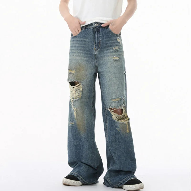 Summer Men's Jeans New American Style Distressed Trend Hole Design Fashion Casual Straight Male Botooms Leg Worn-out 9W1680