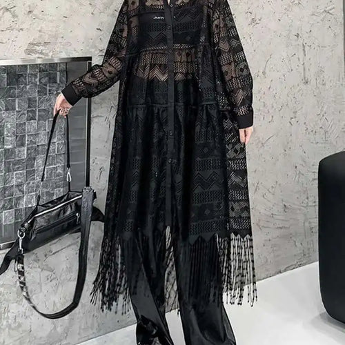 Load image into Gallery viewer, Women Black Lace Jacquard Perspective Big Size Shirt Dress New Lapel Long Sleeve Fashion Tide Spring Autumn 2025 1DH894201
