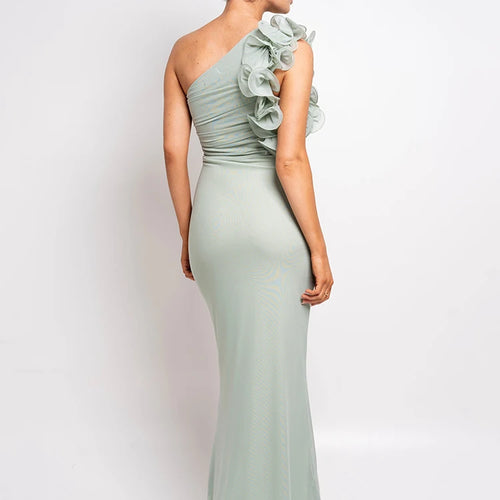 Load image into Gallery viewer, Shoulder Floral Mesh Ruched Sexy Maxi Dress For Women Gown Oblique Shoulder Sleeveless Backless Bodycon Long Dress
