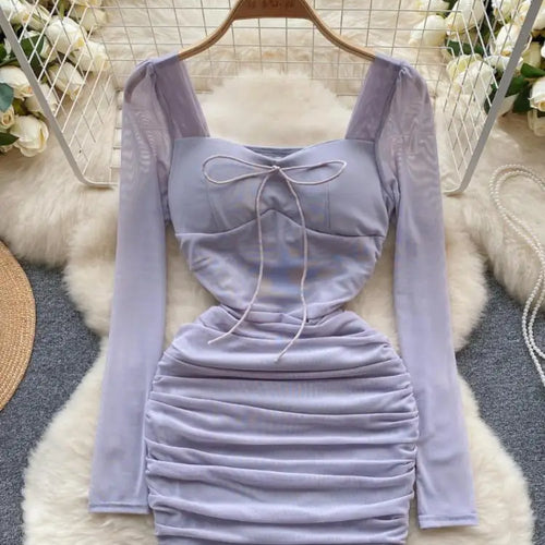 Load image into Gallery viewer, Autumn Women Fashion Black Pink Elegant Sexy Temperament Mesh Short Dress French Purple Square Collar Lace-up Pleated Mini Dress
