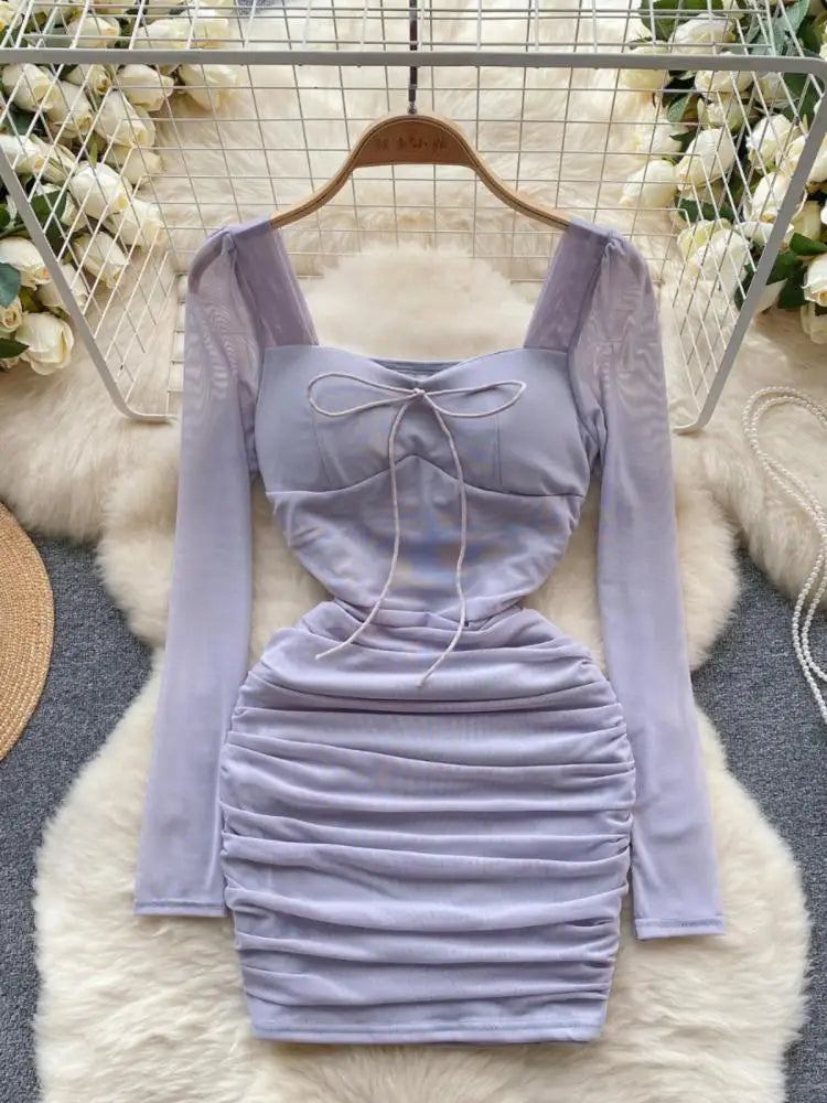 Autumn Women Fashion Black Pink Elegant Sexy Temperament Mesh Short Dress French Purple Square Collar Lace-up Pleated Mini Dress