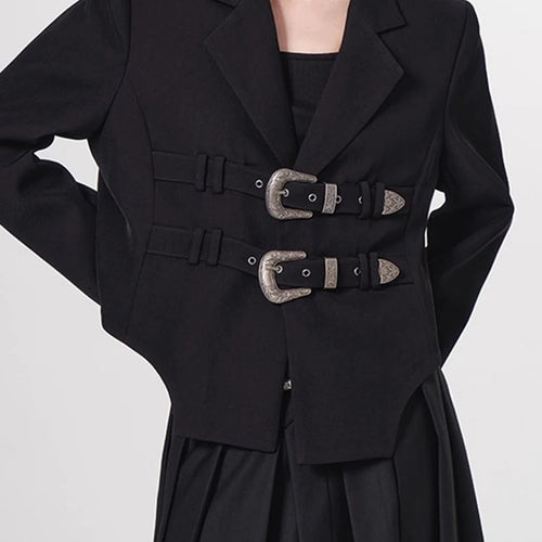 Load image into Gallery viewer, Solid Loose Spliced Belts Temperament Jackets for Women Lapel Long Sleeves Minimalist Jacket Female Clothing New
