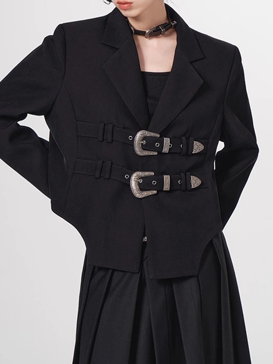 Solid Loose Spliced Belts Temperament Jackets for Women Lapel Long Sleeves Minimalist Jacket Female Clothing New