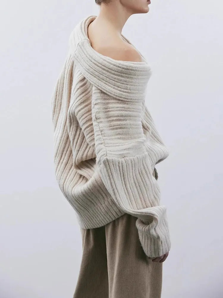Solid Knitting Minimalist Loose Sweaters For Women Diagonal Collar Long Sleeve Off Shoulder Casual Pullover Sweater Female