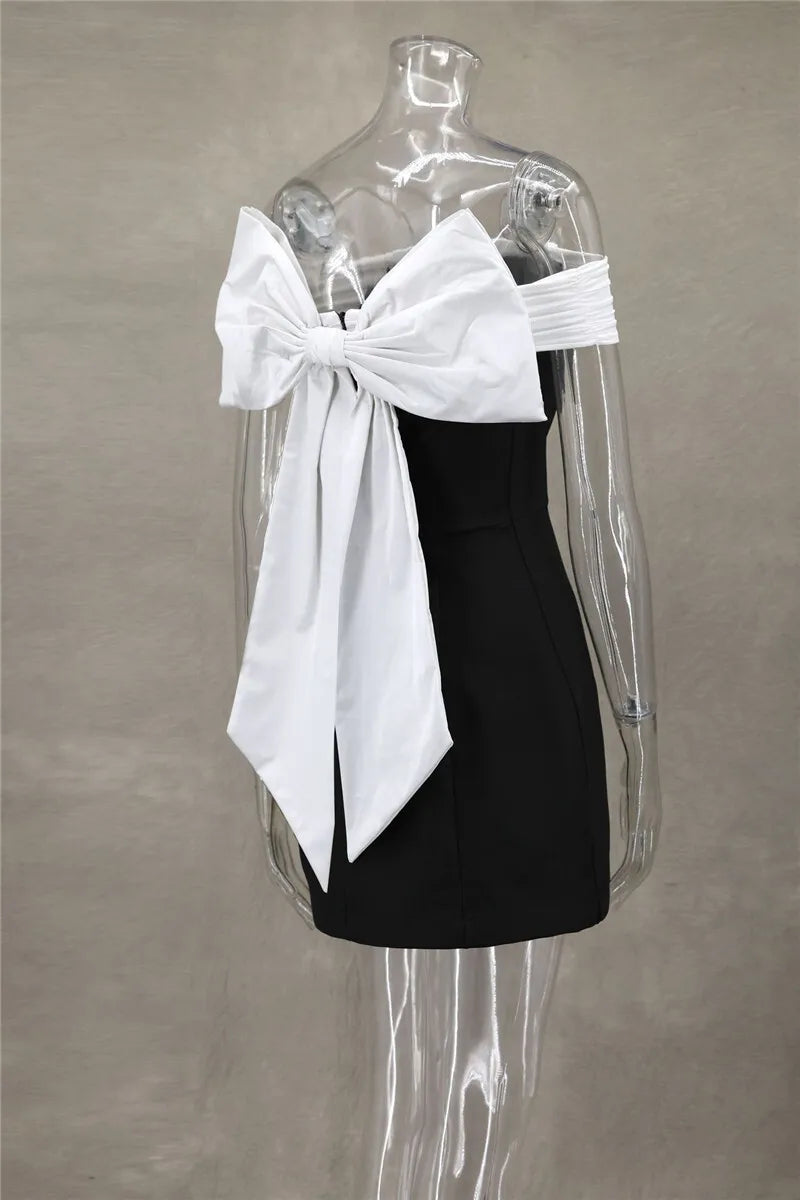 Bow Backless Sexy Mini Dress For Women Robe Elegant Off-shoulder Strapless Sleeveless A-line Club Sexy Dress Vestido