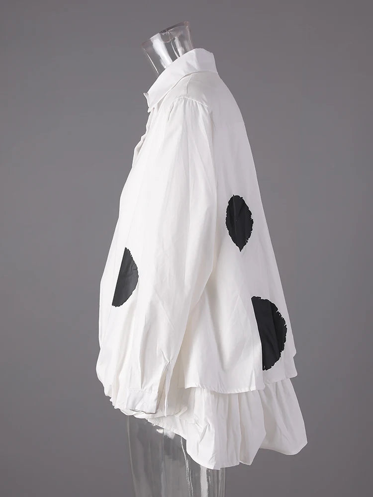 Women Black Color-block Dot Big Size Blouse New Lapel Long Sleeve Large Hem Shirt Fashion Tide Spring Autumn 2025 1DH4274