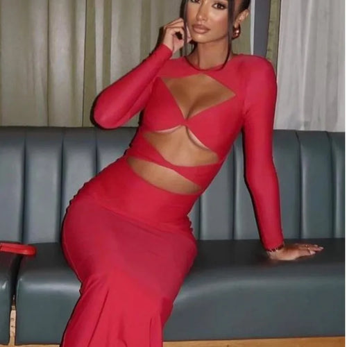 Load image into Gallery viewer, Autumn/winter Women Fashionable Hollow Out Long Sleeved Slim Sexy Dress Bodycon Elegant Party Club Evening Dress 2024
